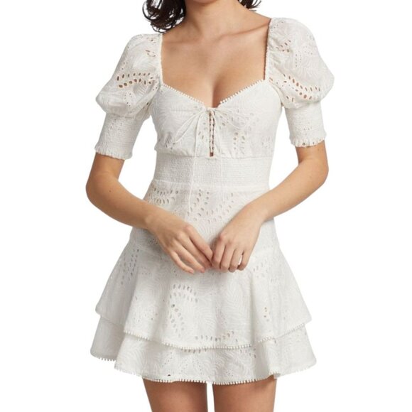 Alice + Olivia White Crawford Sweetheart Eyelet Smocked Mini Dress Size 6 - Picture 1 of 11